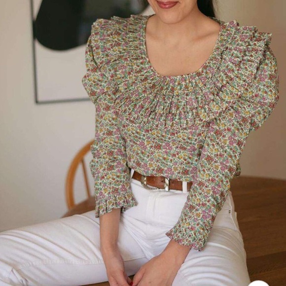 Nwot Rixo Leila Blouse Long Sleeve Frill Cropped Top Driving Miss Daisy Size M